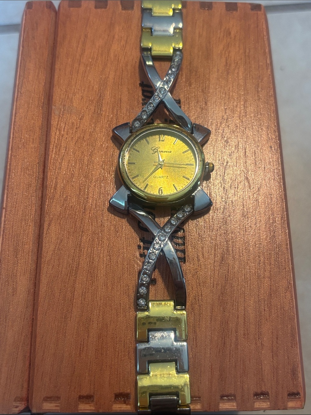 Geneva Two-Tone Gold and Silver Crystal Bracelet Watch